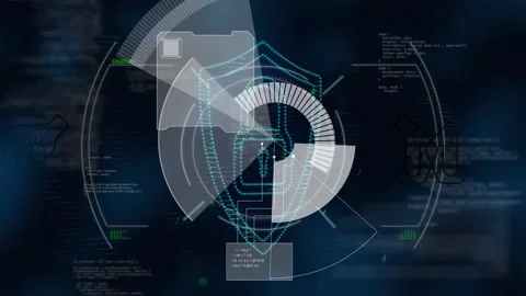 Animation of padlock and shield in abstract pattern and programming language Stock Footage 209606903