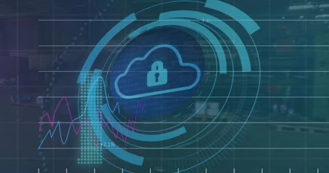 Animation of padlock, binary codes, cloud in loading circles with graphs over Stock Footage 330587322