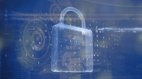 Animation of padlock, changing numbers, letters over circles and binary codes on Stock Footage 242748655