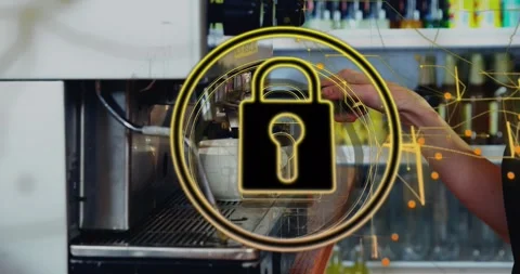 Animation of padlock in circle, abstract pattern over cropped hand of woman Stock Footage 330469084