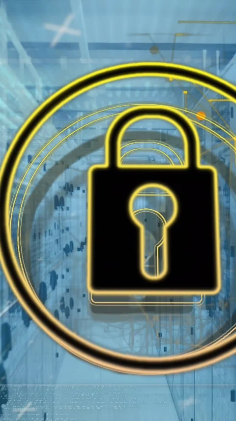 Animation of padlock in circle and navigation pattern over binary codes on data Stock Footage 320921561