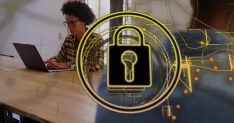 Animation of padlock in circle and navigation pattern over smiling woman working Stock Footage 330479137