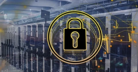 Animation of padlock in circle with flowchart of icons and connected dots over 스톡 동영상 250382158