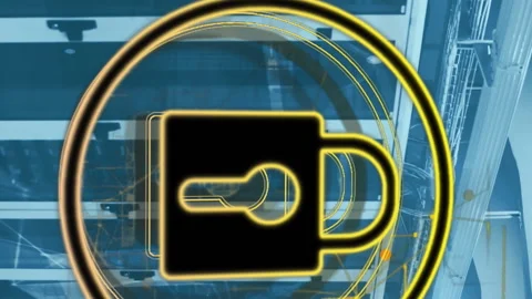 Animation of padlock in circle with navigation pattern over connected dots on Stock Footage 313338850