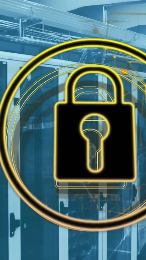 Animation of padlock in circle with navigation pattern over connected dots on Stock Footage 320984133