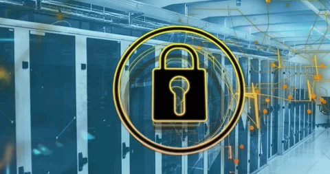 Animation of padlock in circle with navigation pattern over connected dots on Stock Footage 325964802