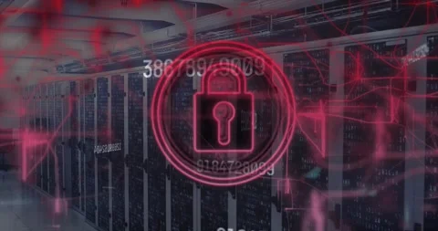 Animation of padlock in circle, numbers and abstract pattern against server room Stock Footage 327844675