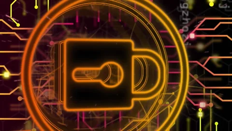Animation of padlock in circles and circuit board pattern over black background Stock Footage 315219557