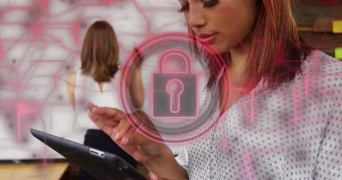 Animation of padlock in circles and navigation pattern over biracial woman using Stock Footage 239434819
