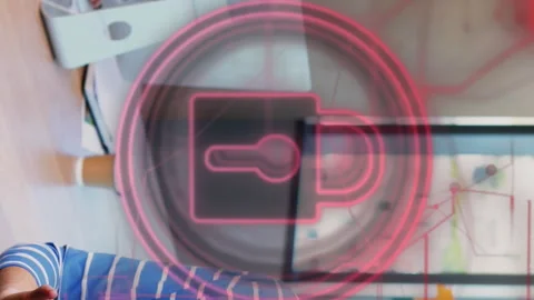 Animation of padlock in circles and navigation pattern over caucasian woman Stock Footage 312533907