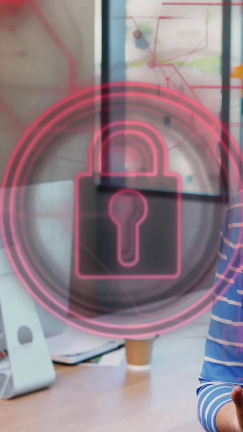 Animation of padlock in circles and navigation pattern over caucasian woman Stock Footage 321323520
