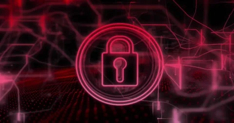 Animation of padlock in circles and navigation pattern over black background Stock Footage 328354709