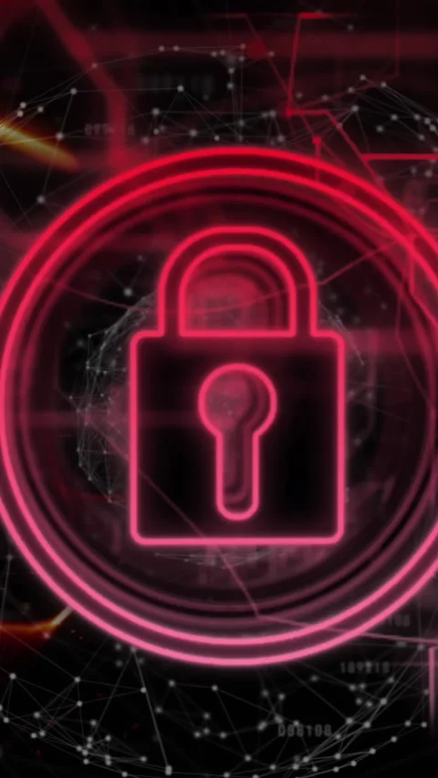 Animation of padlock in circles and navigation pattern with dots forming globe Stock Footage 344693663