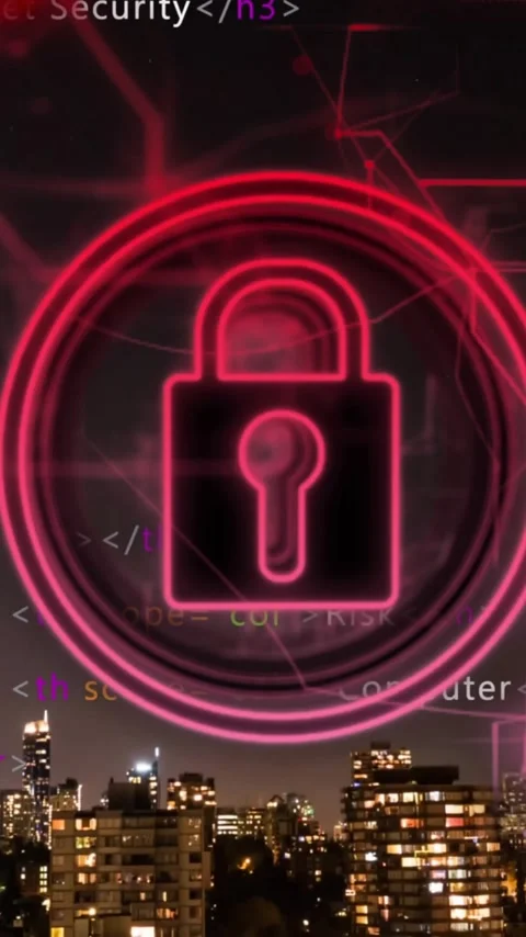Animation of padlock in circles, computer language over illuminated cityscape Stock Footage 323577814