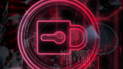 Animation of padlock in circles, globes, radars and computer language over black Stock Footage 312546937