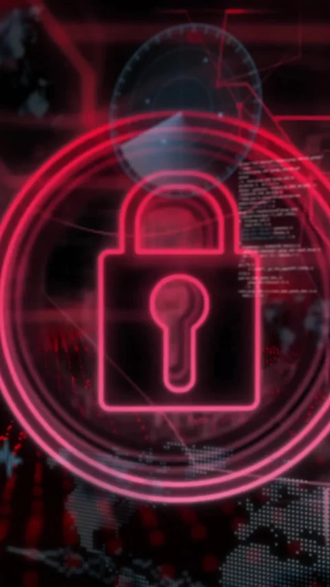 Animation of padlock in circles, globes, radars and computer language over black Stock Footage 323578872