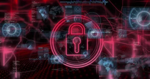 Animation of padlock in circles, graphs, globes and computer language over black Stock Footage 328312052