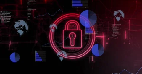 Animation of padlock in circles, graphs, globes and computer language over black Stock Footage 328411169