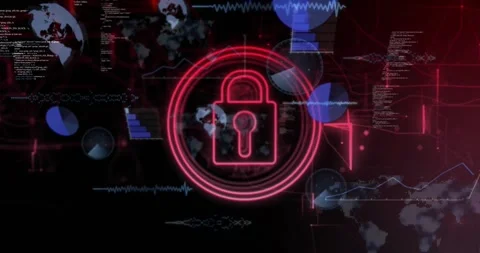 Animation of padlock in circles, graphs, globes and computer language over black Stock Footage 329580021