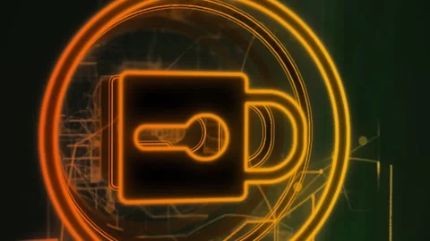 Animation of padlock in circles with navigation pattern against abstract Stock Footage 313378337