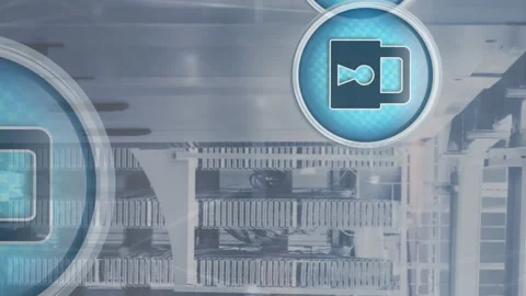 Animation of padlock in circles over circuit board pattern on server racks in Stock Footage 312620490