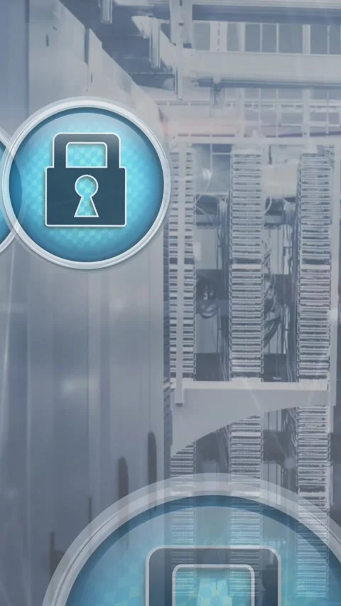 Animation of padlock in circles over circuit board pattern on server racks in Stock Footage 321323819