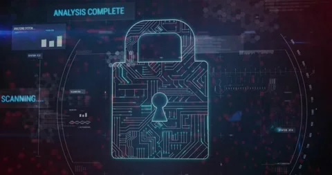 Animation of padlock with circuit board pattern and bar graph with red abstract Stock Footage 209608101