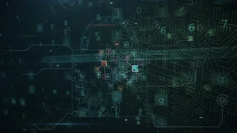 Animation of padlock with circuit board patterns and computer icons with text on Stock Footage 328243556