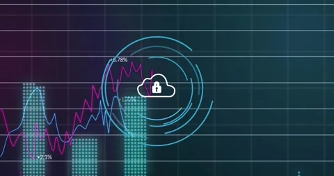 Animation of padlock in cloud on circle over multiple graphs with changing Video stock 244866057