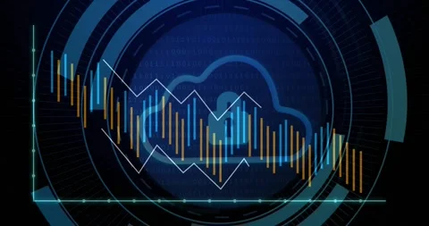 Animation of padlock with cloud, digital data processing over scope scanning on Stock Footage 328010777