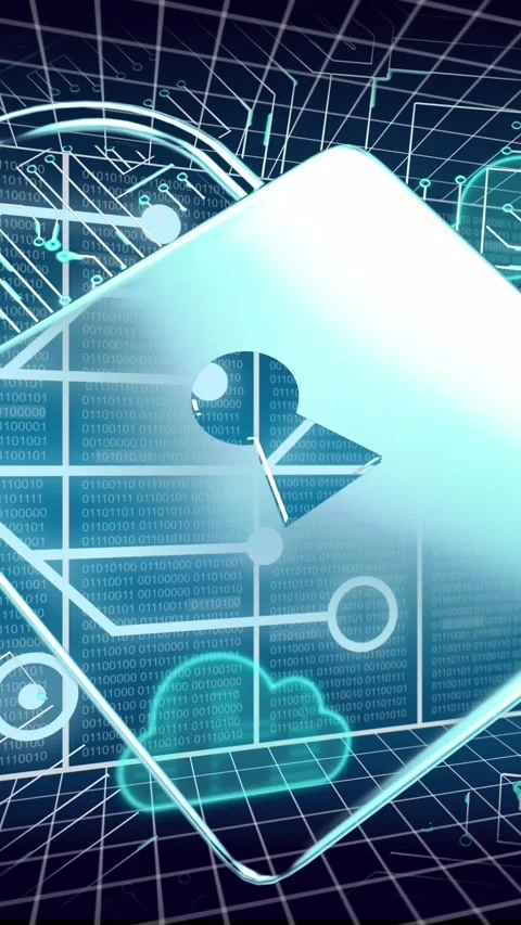 Animation of padlock, clouds, binary data and network of connections over grid Stock-Footage 342609302