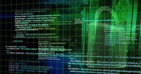 Animation of padlock, computer language, letters, numbers and padlock over Stock Footage 247908639