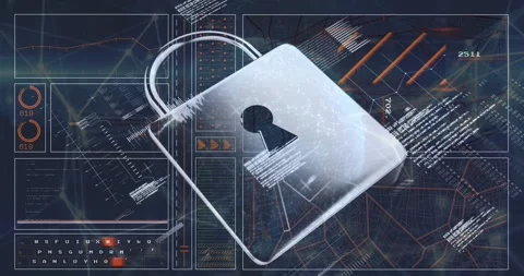 Animation of padlock, computer language, loading circles and bars, navigation Stock Footage 327063574