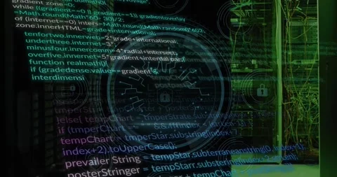 Animation of padlock, cyber security text, computer language over data server Video stock 325837047