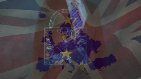 Animation of padlock, data processing and flag of uk and eu Video stock 330407290