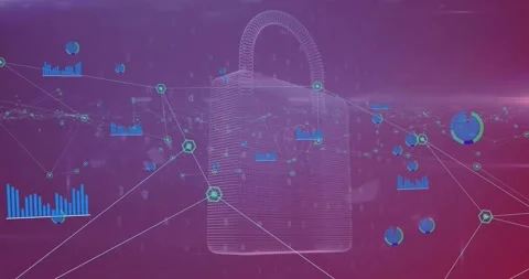 Animation of padlock, data processing over connections Stock Footage 329223482