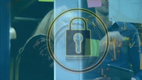 Animation of padlock icon and data processing over diverse business people in Video stock 308688623