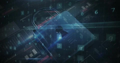 Animation of padlock icon and data processing on black background Stock Footage 326189322