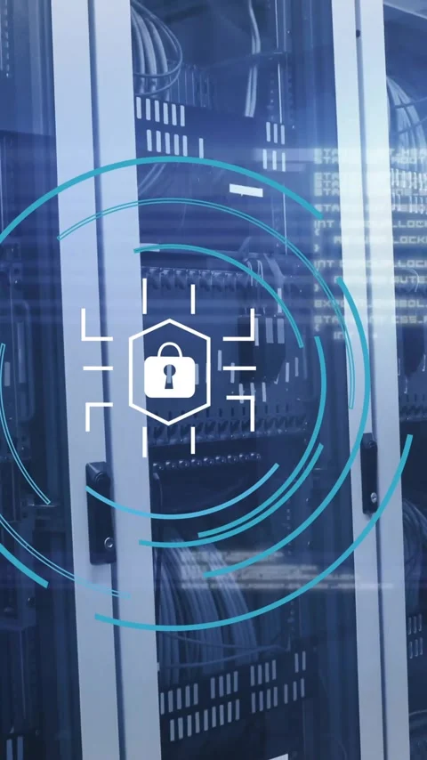 Animation of padlock icon and digital data processing over computer servers Video stock 320512381