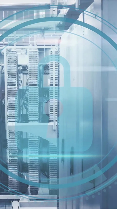 Animation of padlock icon and digital data processing over computer servers Stock Footage 342010549