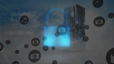 Animation of padlock icon and network of connections over computer servers Stock Footage 327583856