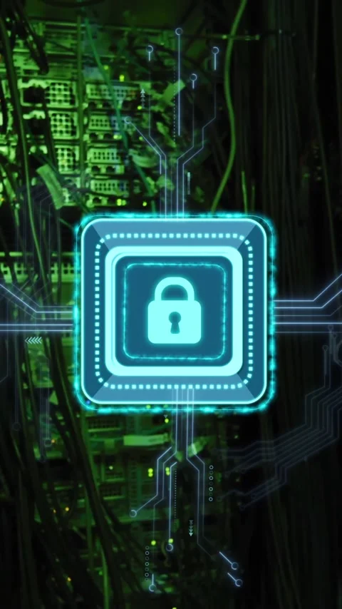 Animation of padlock icon, circuit board and data processing over computer Stock Footage 342996736
