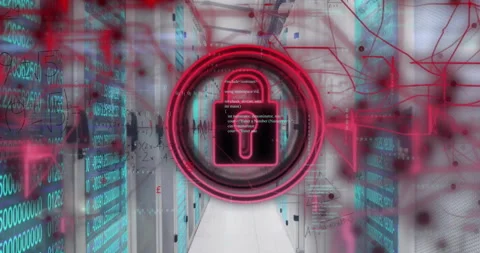 Animation of padlock icon with data processing over server room Vídeos de archivo 310437581