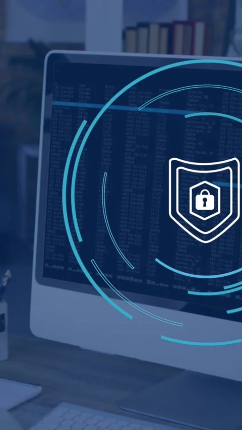 Animation of padlock icon over caucasian businessman using computer in office Stock Footage 342704271