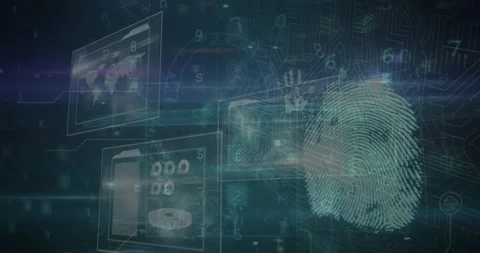 Animation of padlock icon over data processing and fingerprint on black Stock Footage 328709421