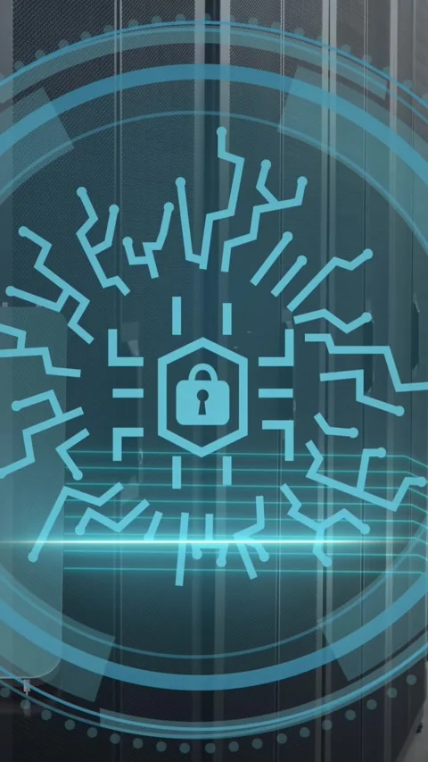 Animation of padlock icon over data processing and server room Stock Footage 342801783