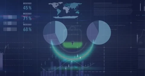 Animation of padlock icon over neon round banner and statistical data processing Stock Footage 326097391