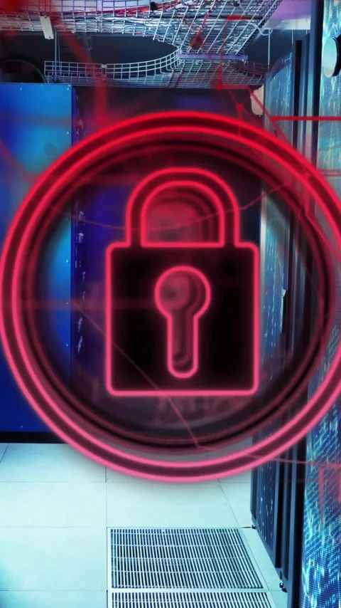 Animation of padlock icon over server room Stock Footage 342812841