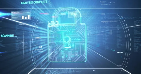 Animation of padlock icon with scope scanning and data processing on black Vídeos de archivo 310408130