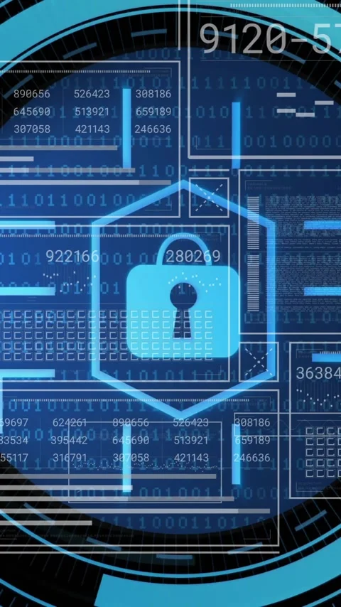 Animation of padlock icon, scope scanning with data processing Video stock 323341832